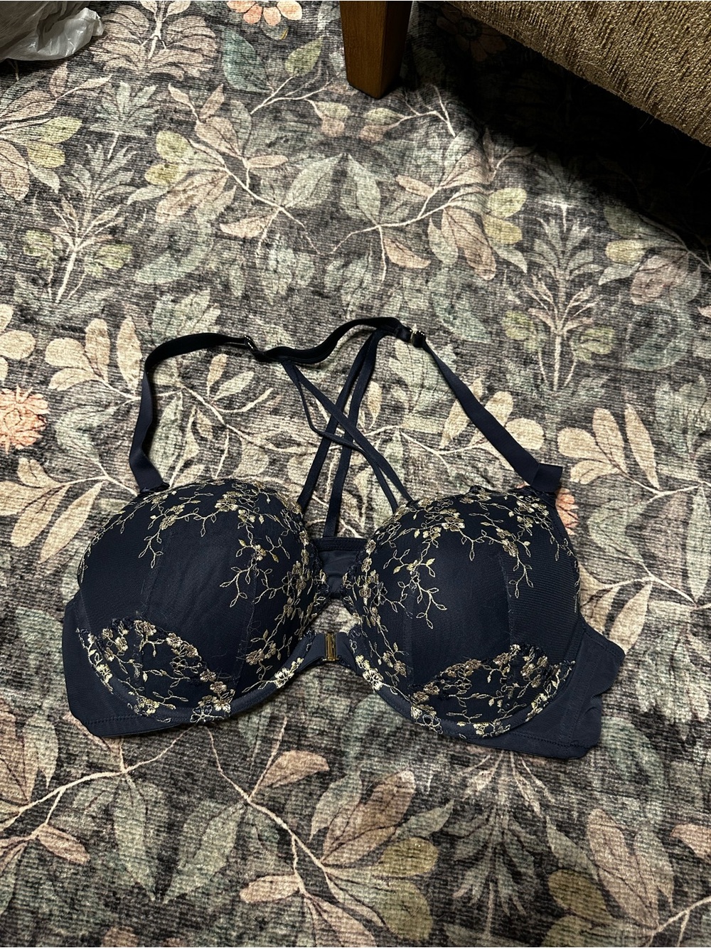 Cacique Navy Bra with Gold Floral Embroidery and Strappy Back